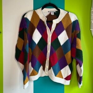 Colorful Vintage Argyle Women's Cardigan Sweater